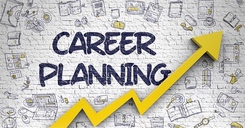 The word career planning in the middle with icons of books, computers, pencils and notebooks around it.