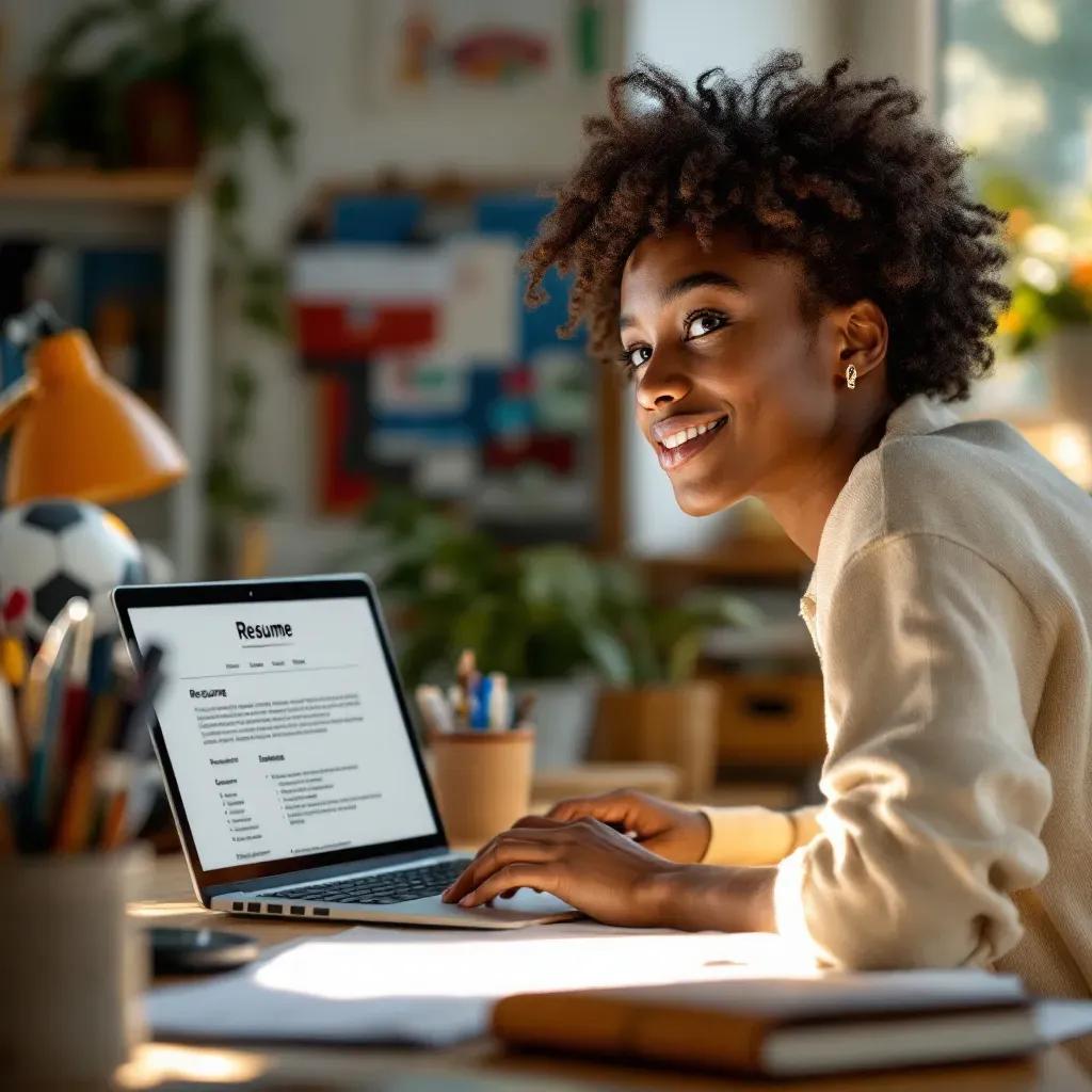 Teen writing a resume using a laptop computer.